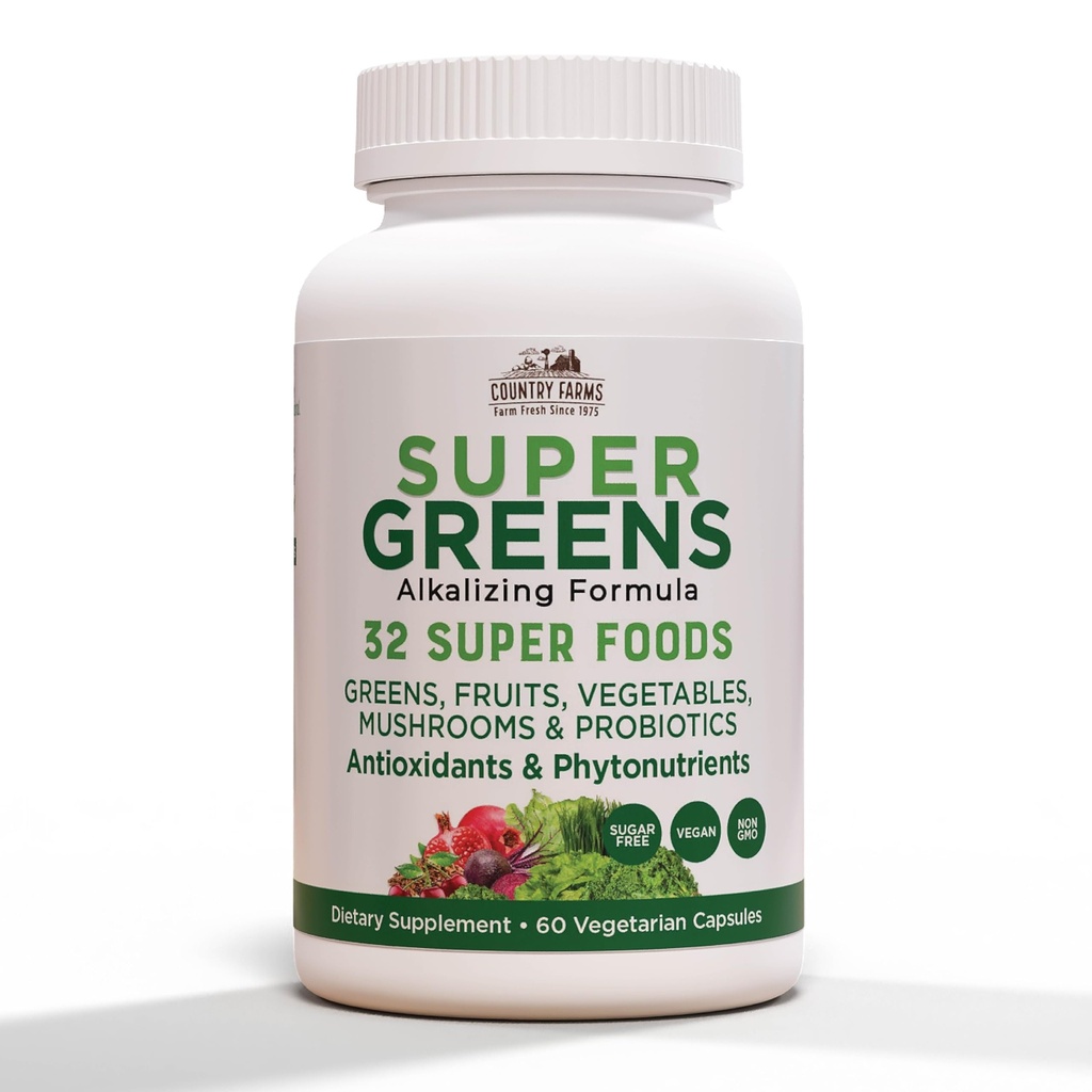 CARACTÉRISTIQUES DE PAYS Super Greens Vegicaps, 32 Super Foods, Complément alimentaire entier, Verts, Fruits, Légumes, Champignons et Probiotiques, Riche en antioxydants et phytonutriments, 120 Compte, 60 portions