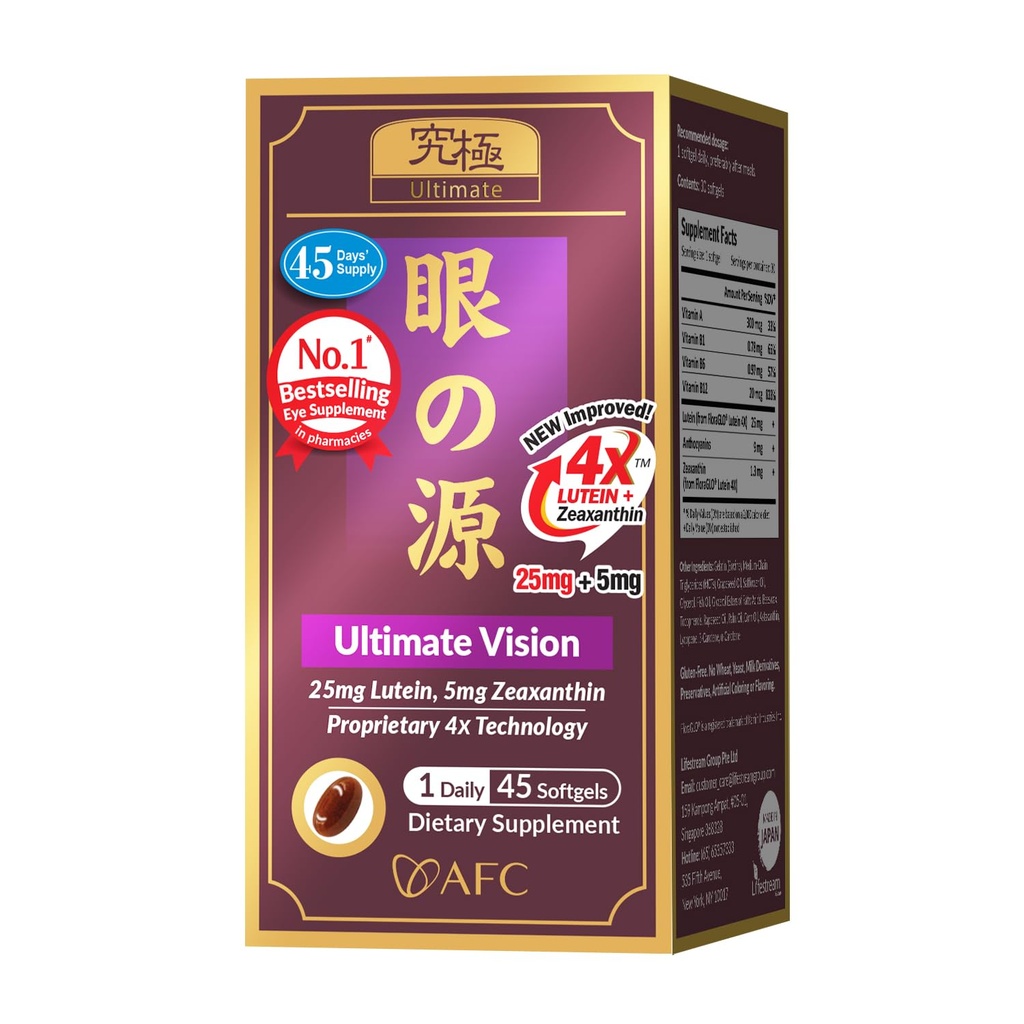 AFC Giappone Ultimate Vision 4X - Migliorata, Up-Sized Eye Formula con Lutein 4X, Zeaxanthin, Bilberry Extract e Vitamine per il problema dell'occhio, Blurry & Poor Vision, Dry Eye, Macular Health 45s
