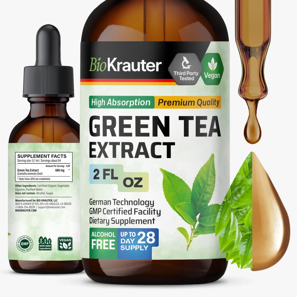 BIO KRAUTER Estratto di tè verde Gocce liquide - Integratori di tè verde - Sorgente antiossidante - Alcol e Sugar Free - 2 Fl.Oz.