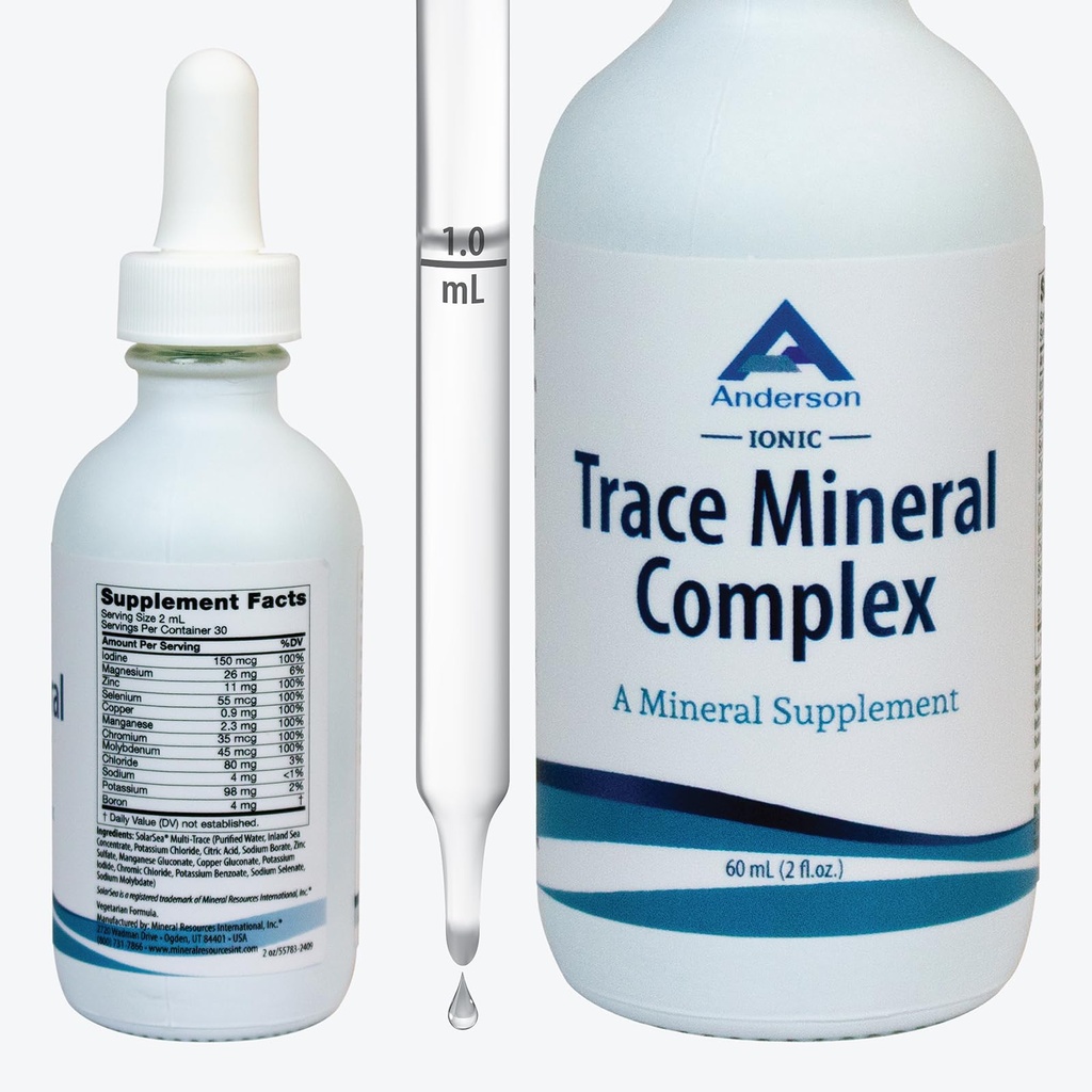 Trace Mineral Complex (complexe minéral) Plein spectre Minéraux (minéraux) Ionique liquide gouttes pour l'eau (électrolytes, supplément d'hydratation) Bouteille en verre de 2 fl oz