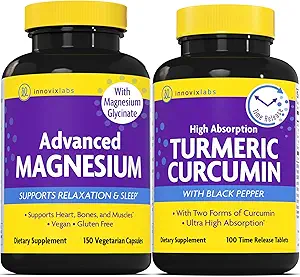 Magnesio & Curcumina Bundle: InnovixLabs Magnesio avanzato (150 Time-Release Capsules) InnovixLabs Curcumin Turmeric (100 Time-Release Tablets). Promuove il rilassamento, le ossa, il muscolo e la salute immunitaria.*