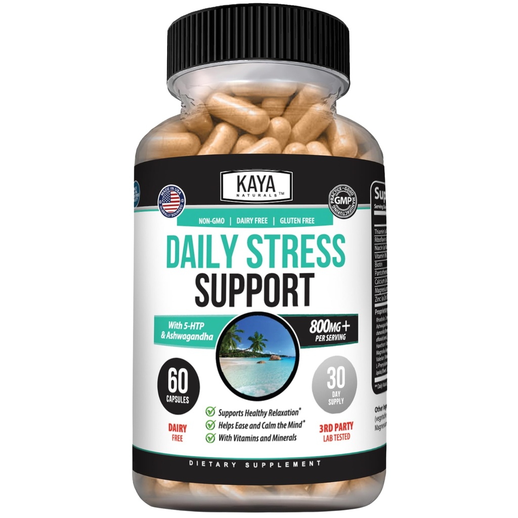 Kaya Naturals - Natural Herbal Stress Support Vitamin Supplemento per rilassarsi e calmare la mente - Boost Mood - Happy Pills - Stress Relief Support - Vitamin Supplement - 60 Capsule