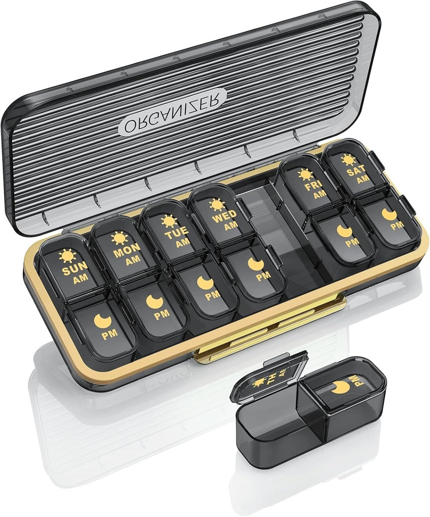 Pill Organizer 2 Mal A Day, 7 Tage Am Pm Pille Box - Acedada Wöchentliche Pille Organizer zweimal einen Tag, tragbare abnehmbare tägliche Medizin Container Dispenser Fall für Vitamin Fish Oil Supplement, Schwarz Grau