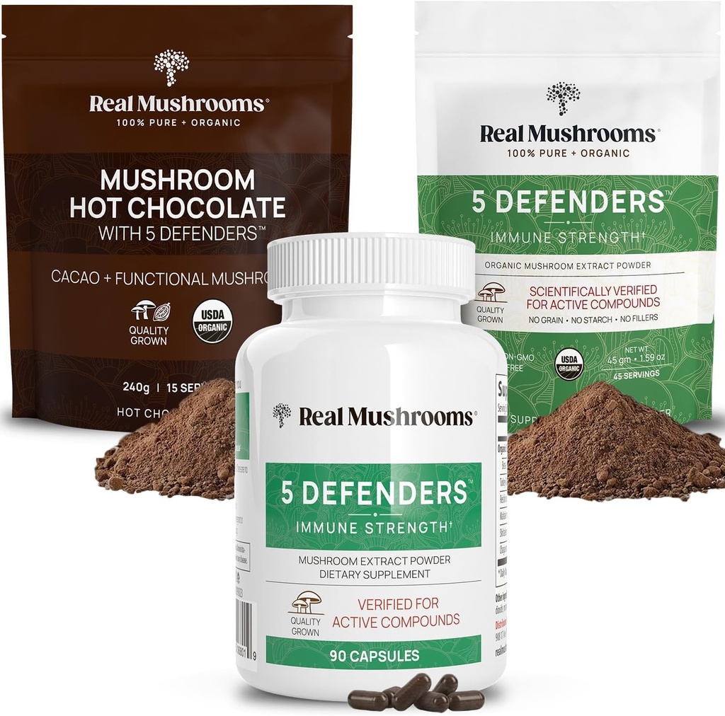 Mushrooms Miscela di Cioccolato caldo (15srv), 5 polvere di Estratto di Difensori (45srv), & 5 supplementi Difensori (90ct) Bundle per sostenere l'immunità e benessere generale - senza glutine, non OGM, Vegan