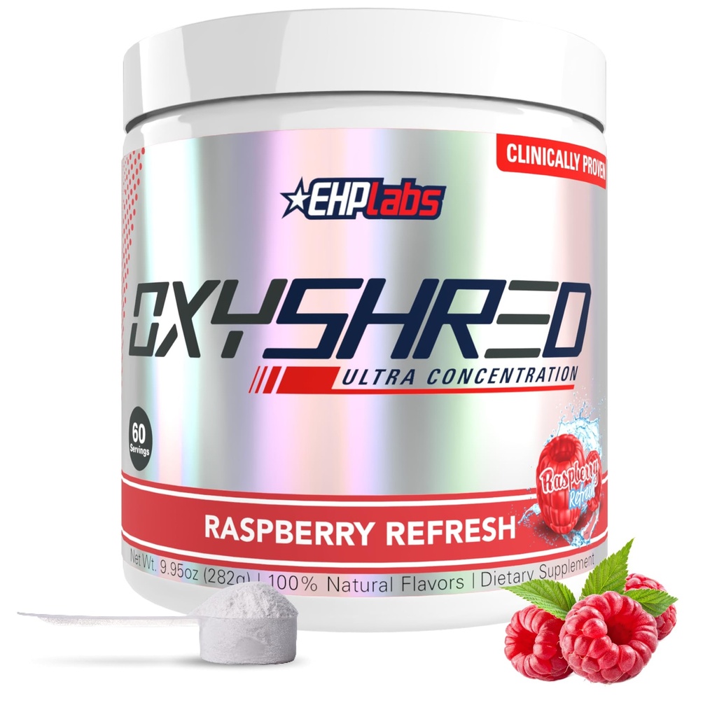 EHP Labs OxyShred Pre Workout Powder - Preworkout Powder with L Glutamine & acétyl L Carnitine, Energy Boost Drink - Raspberry Refresh, 60 portions