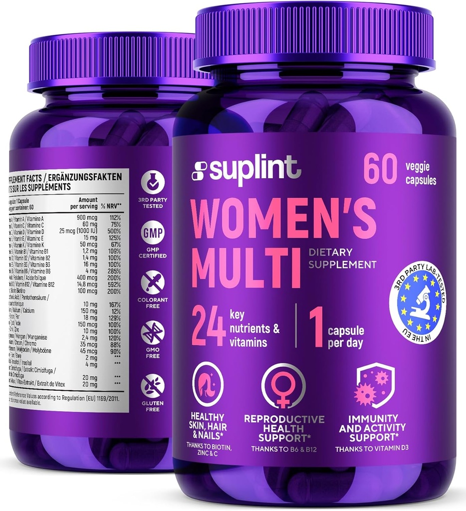 Integratore multivitaminico per donne | Complesso completo con Vitamina A, C, D, E, B12, Zinc & More | Vitamine di bellezza per capelli, pelle e unghie | Riproduttivo, attività e supporto immunitario | 60 capsule