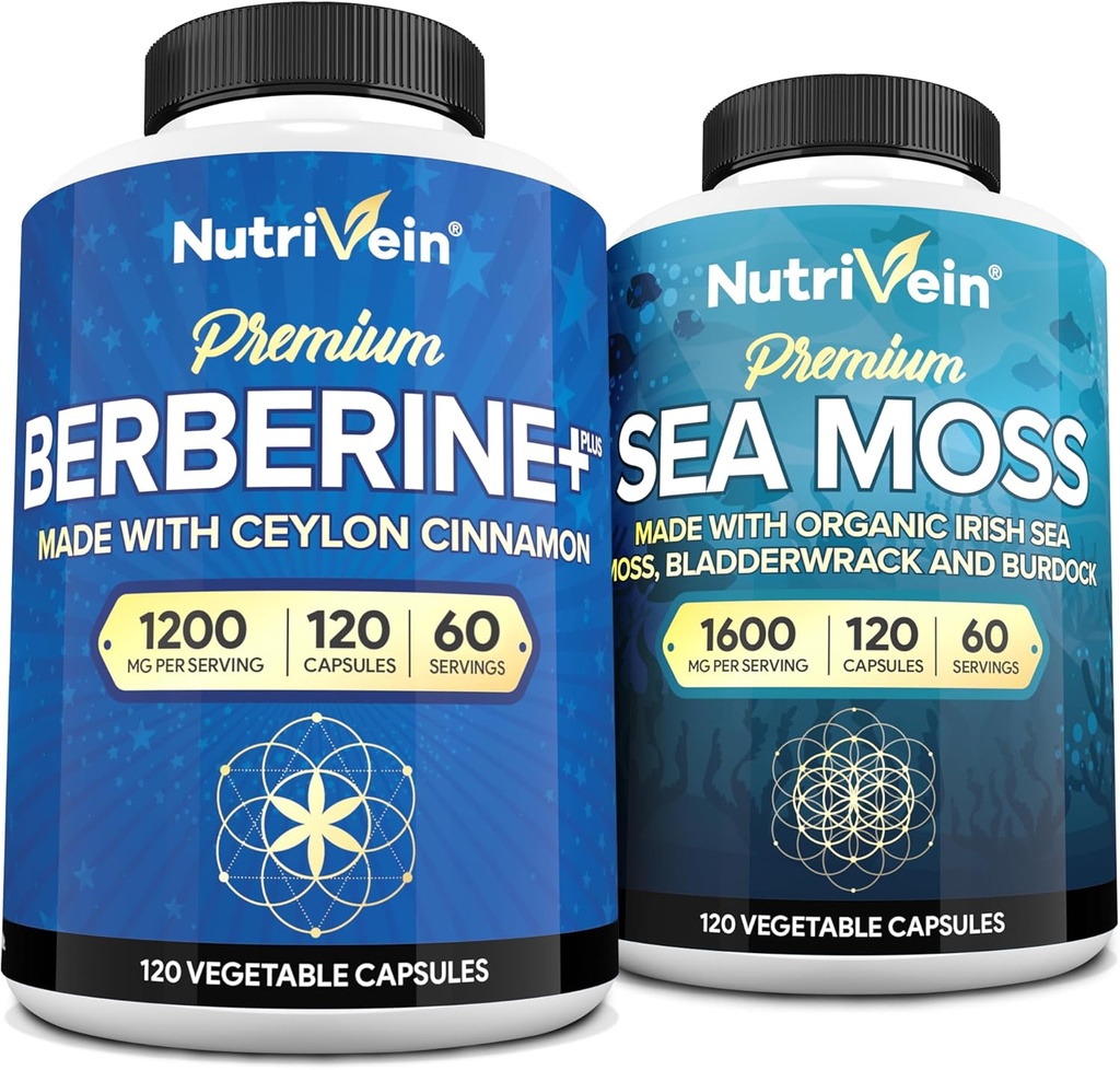 Nutrivein Premium Irish Sea Moss Capsules & Berberine Supplement Bundle: High-Absorption Sea Moss & Berberine Ergänzungen Bundle für Verdauung, Stoffwechsel, & Vitalität