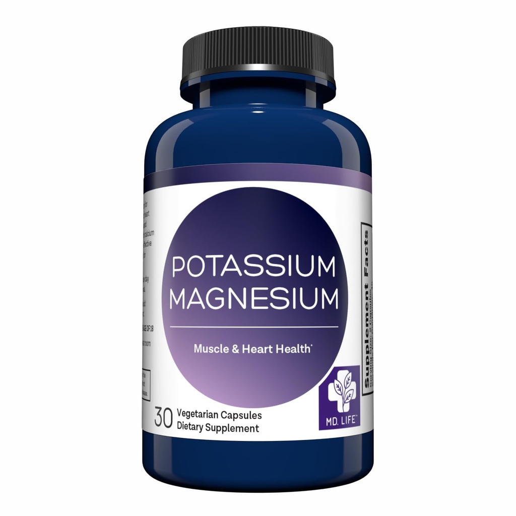 MD. Life Potassium Supplément de magnésium - 120 Capsules - Supplément de potassium de magnésium - Complexe d'absorption élevée - Soutien Santé vasculaire & Crampe des jambes