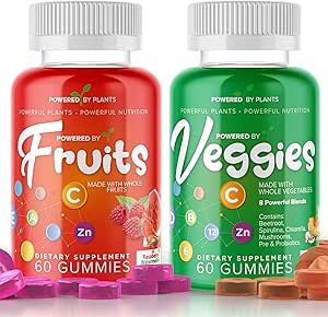 Gummie di frutta e verdura per adulti - Superfood naturale con vitamine, minerali e antiossidanti - Integratore di frutta e verdura - Alimentato da piante, Confezione da 2, 60 Gummies
