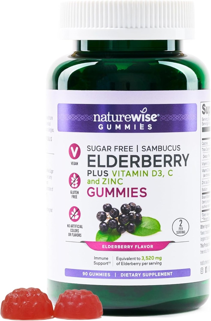NatureWise Sambucus Elderberry Gummies - Sugar-Free - Tägliche Unterstützung für Kinder und Erwachsene*, mit Vitamin C, D3, Zink - Vegan, Glutenfrei, Non-GMO - 90 Count[45-Day Supply]