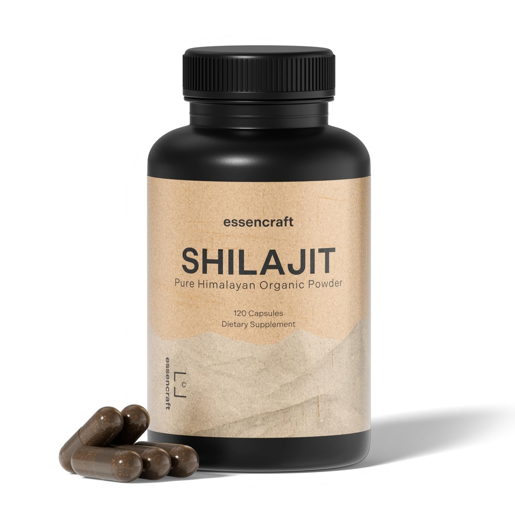 Organic Himalayan Shilajit Resin Extract - 1000mg Max Potency, Lab Tested Pure Shilajit für Männer & Frauen, 85+ Trace Minerals Fulvic Acid, Immununterstützung, Energie, Kognition, 2 Monate Versorgung, 120 Kapseln