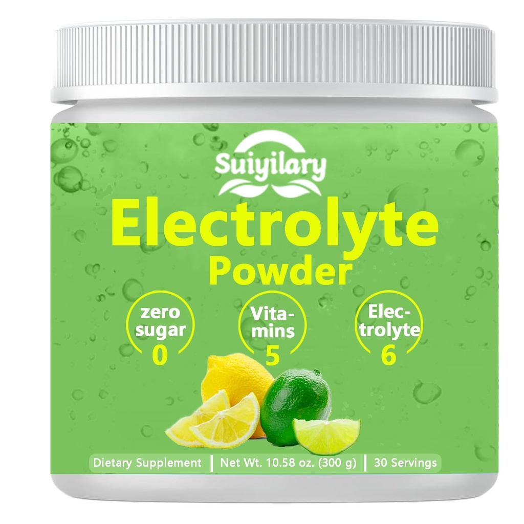 Poudre d'électrolytes Sans sucre, Mélange de boisson d'électrolyte, 5 vitamines et 6 électrolytes, Céto, Potassium et sel, Poudre d'hydratation sans sucre, Saveur de citron 300g