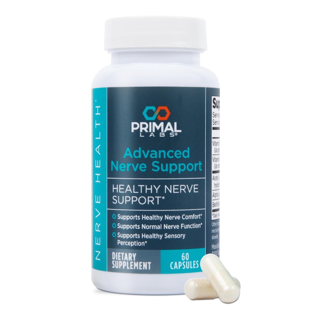 Primal Labs Advanced Nerve Support - complément de bien-être Nerve avec Benfotiamine, B6, B12, acide alpha lipoïque, acétyl-L-Carnitine - Nerve Wellness, pieds, jambes, fonction sensorielle, confort - 60 ct.