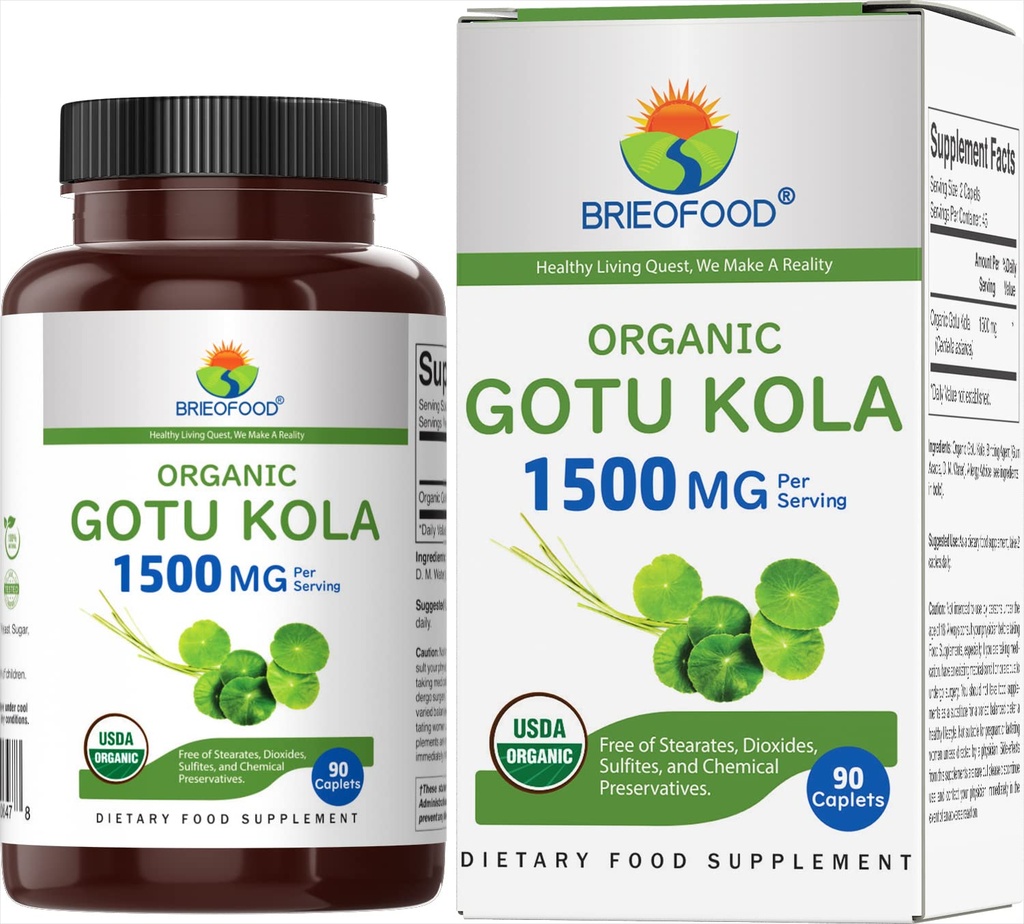 Brieofood Organic Gotu Kola 1500mg, 45 Serve, Vegetariano, Senza Glutine, 90 compresse vegetariane