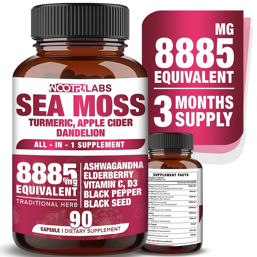 All-in-1 8885mg Höchste Potency Sea Moss, Black Seed, Ashwagandha, Turmeric, Apple Cider Essig, Dandelion mit Elderberry, Vitamin C & D3 - Immune, Energy Support Supplement - 90 Vegan Kapseln