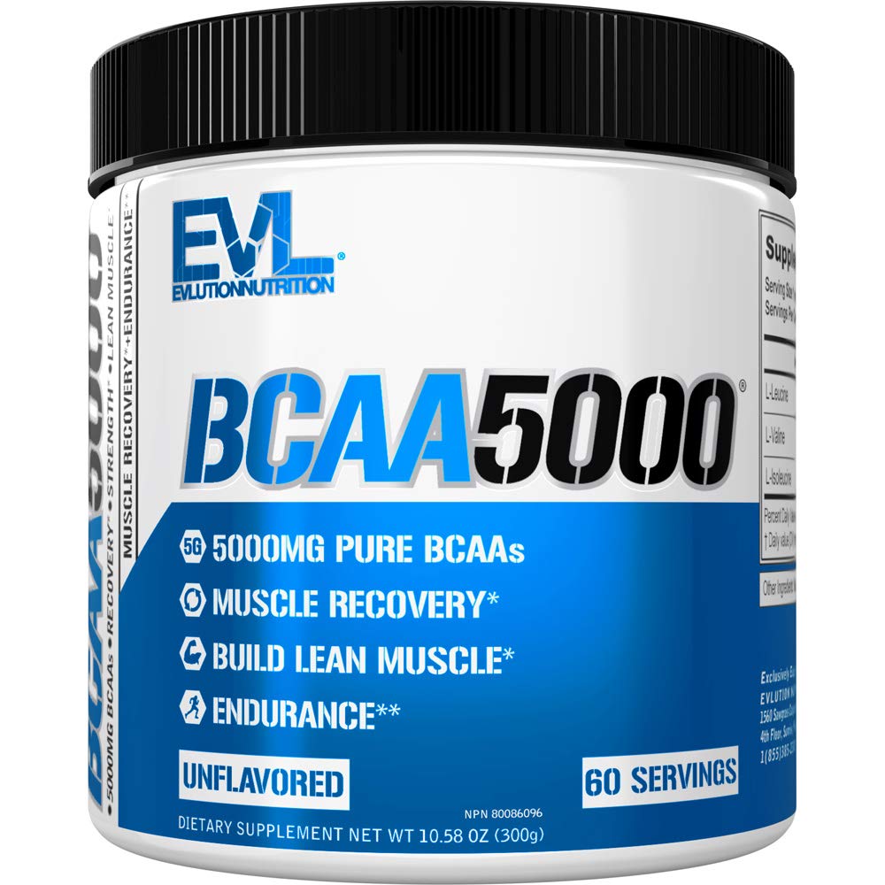 Evluution EVL BCAAs Amino Acides Poudre - BCAA Poudre après l'entraînement Recovery Drink and Stim Free Pre Workout Energy Drink Poudre - 5g Branched Chain Acids Supplément pour les hommes - Poudre non aromatisée