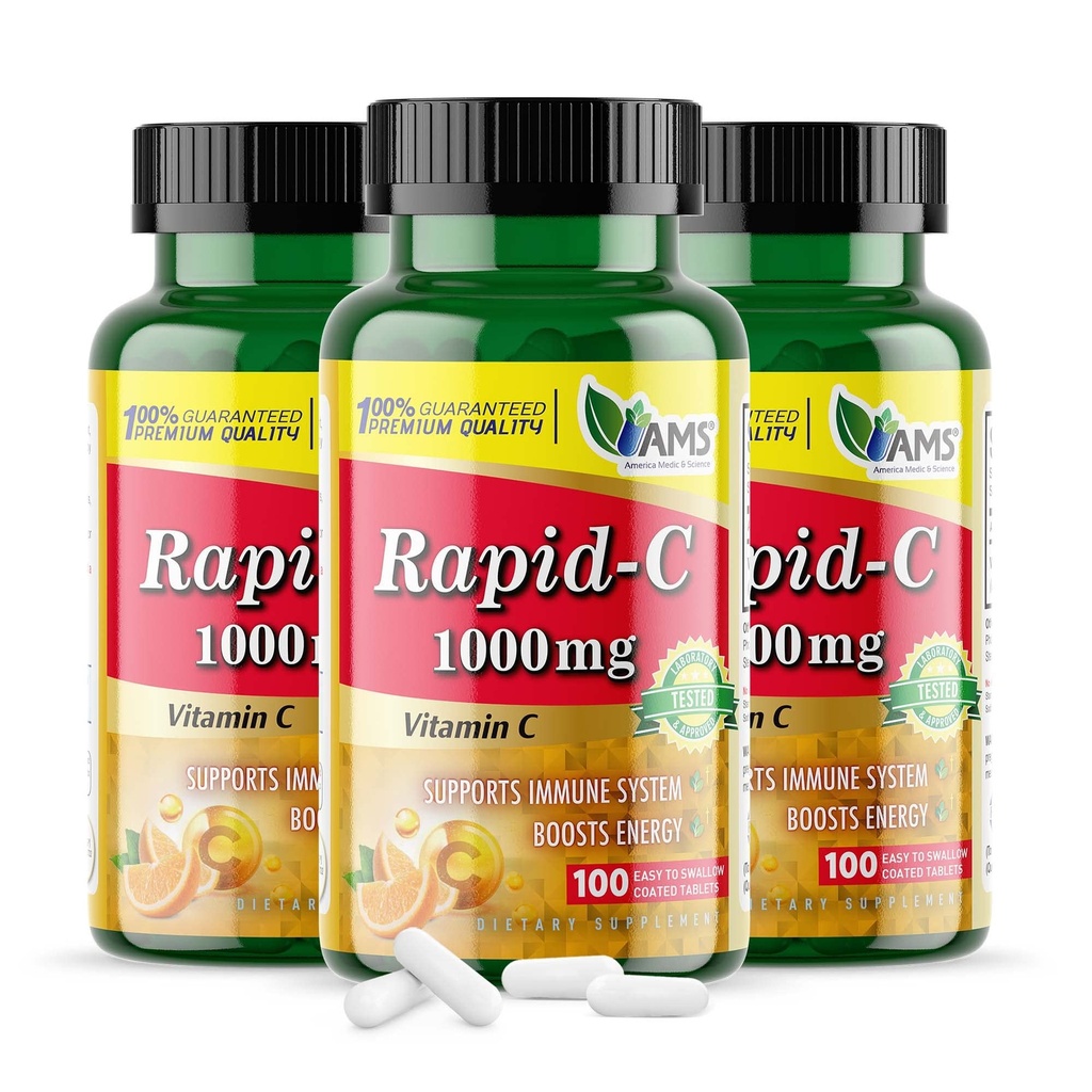 Amerika Medic & Science Rapid-C 1000mg Vitamin C Supplement (3 Packung mit 100 Tabletten) Energie-Booster, Tägliche Immunsystem-Unterstützung, Antioxidans | Vegan, Non-GMO beschichtete Ascorbinsäure für Erwachsene Männer & Frauen