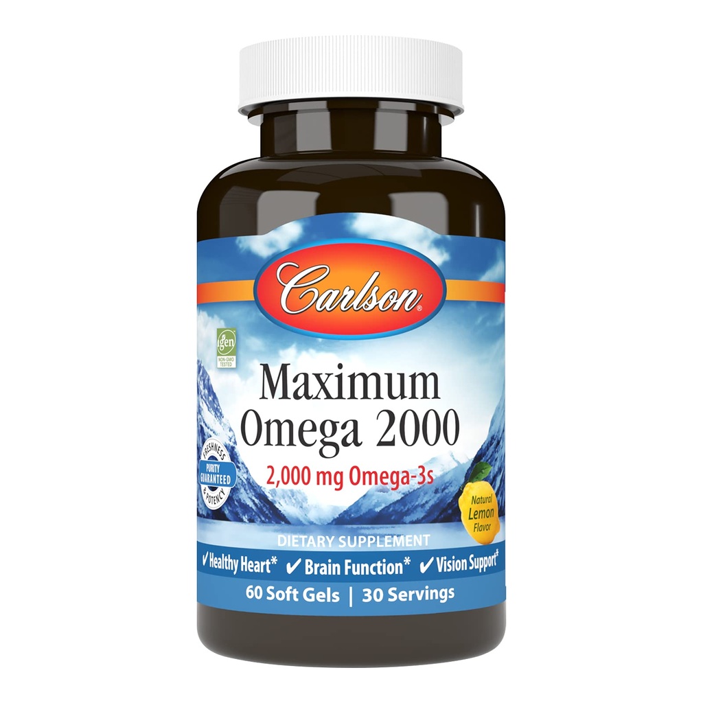 Carlson - Maximum Omega 2000, 2000 mg Omega-3 Fettsäuren einschließlich EPA und DHA, Wild-Caught, Norwegian Fish Oil Supplement, Sustainable Sourced Fish Oil Capsules, Lemon, 60 Softgels