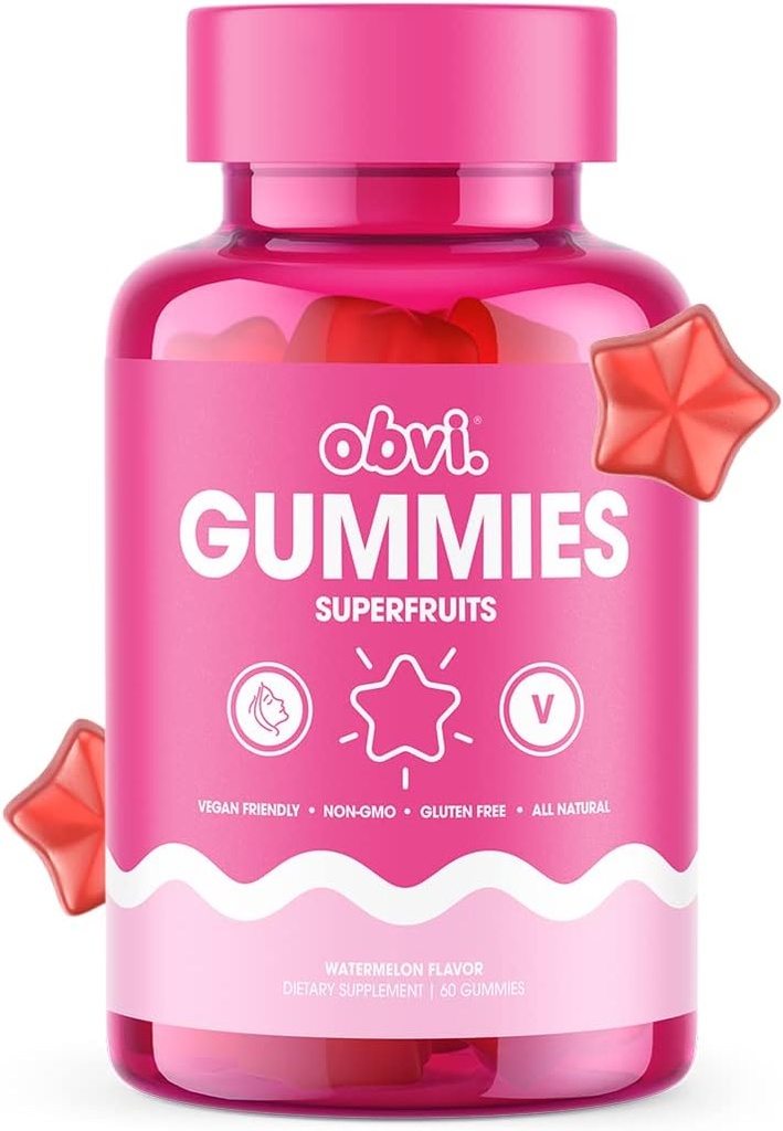 Gummies Superfruit Obvi | Vegan Multivitamin, Supporta la produzione sana di collagene per la pelle brillante, antiossidante e vitamine per la salute immunitaria | Non OGM, senza glutine | Sapore di anguria, 60 Gummies