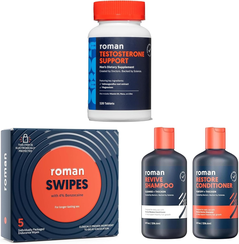 ROMAN Herren Wellness Bundle | Testosteron Support Supplement, Fast-Acting Swipes für Stamina, und Revive Shampoo & Conditioner Duo für Thicker-Looking Hair | Complete Men's Care Kit