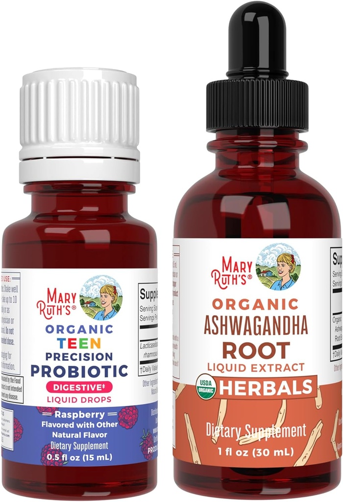 MaryRuth Organics Precision Probiotic Drops für Teens (Raspberry) & Ashwagandha Drops | USDA Organic | Vitamins for Gut Health, Relaxation, & Overall Wellness | Vegan, Non-GMO, Gluten Free