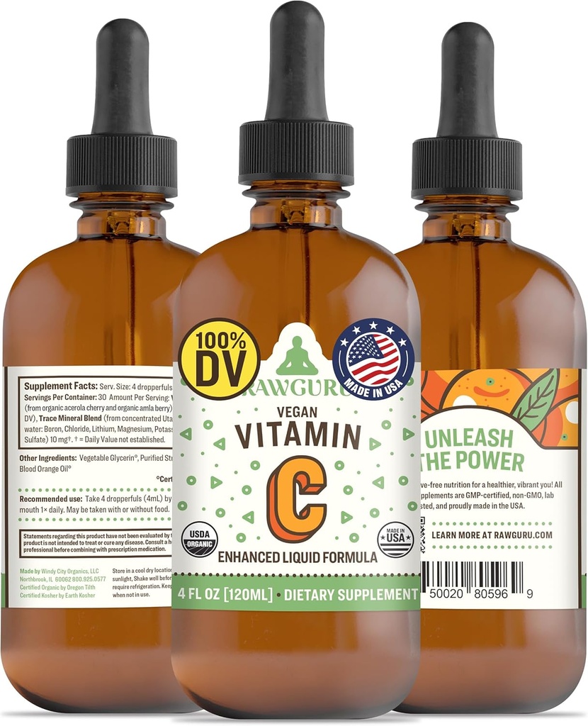 RawGuru Bio Vitamin C Tincture - Flüssiges Vitamin C mit Trace Minerals - Nano-Processed Antioxidant & Immun Support Supplement Tincture - 30 Servierungen von Vegan Tropfen pro 120 ml, Packung von 1