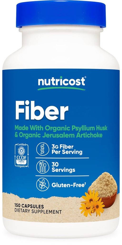 Capsule Nutricost Fibra con Supplemento Prebiotico Fibra 150 Capsule - CCOF Certificato Supplemento, Realizzato con Organic Psyllium Husk & Organic Jerusalem Artichoke, Gluten Free, 3 G Per Serving