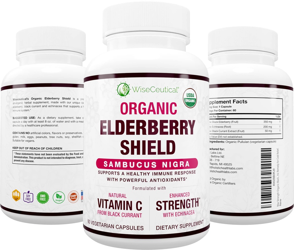 Max Strength USDA Organic Black Elderberry, Black Currant Extract & Echinacea | 3 in 1 Natürliche Immununterstützung & Vitamin C | Sugar-Free, Vegan-Friendly | Homeopathic Remedy | 60 Count