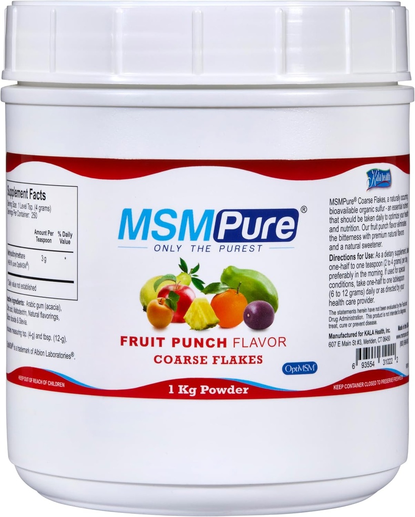 KALA HEALTH MSMPure Frutta Punch aromatizzata Coarse MSM Powder Flakes – MSM USA-Made per la salute comune, l'aspetto della pelle e il supporto per capelli e unghie – 2.2 lb, zolfo organico