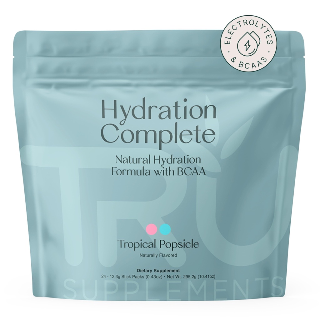 Suppléments TRU Hydratation Complète BCAA, Acides aminés à base végétale + Sel rose himalayen, Electrolytes et L-Carnitine, Vegan, Calories Zéro, Pas d'édulcorants artificiels, 24 portions, Popsicule tropicale