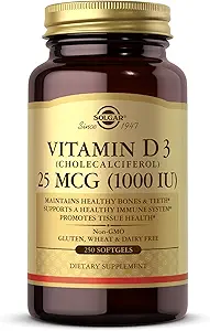 Solgar Vitamin D3 (Cholecalciferol) 25 MCG (1000 UI), 250 Softgels - Aiuta a mantenere le ossa sane e denti - Supporto di sistema immunitario - Non OGM, Senza glutine, Latticini Free - 250 Serve