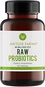 Fermes Antler - Probiotiques crus pour la santé digestive 60 Million CFU, 60 Capsules - Prébiotiques et probiotiques avec enzymes digestives, 100% végétalien, non OGM, plateau-stable pour les femmes et les hommes