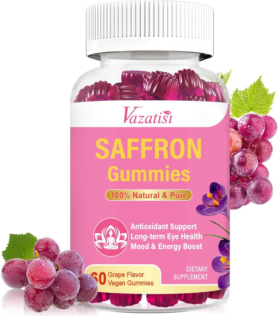 Natural Saffron Gummies - Supplemento di Zafferano Libero con Estratto di Zafferano 100 mg, Magnesio, GABA, Rhodiola - Mood | Focus | Vision | Energy Support - NonGMO Vegan - 60 Gummies, 30 giorni di alimentazione