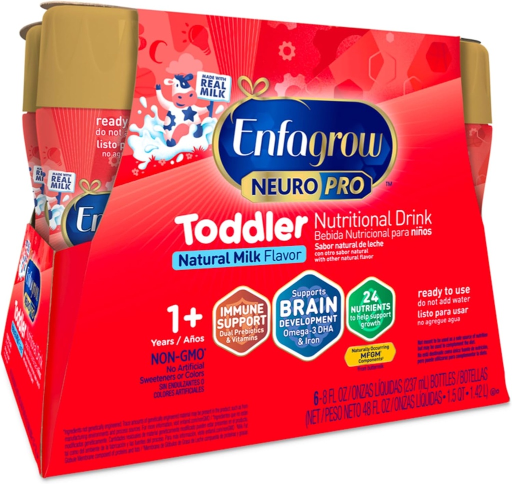 Enfagrow NeuroPro Toddler Nutrizione Bevanda, Realizzata con latte reale, Brain-Building Omega-3 DHA, Nutrienti e Prebiotici per la crescita & supporto immunitario, Non-GMO, Polvere del latte Toddler, 8 Fl Oz, 6 Conte