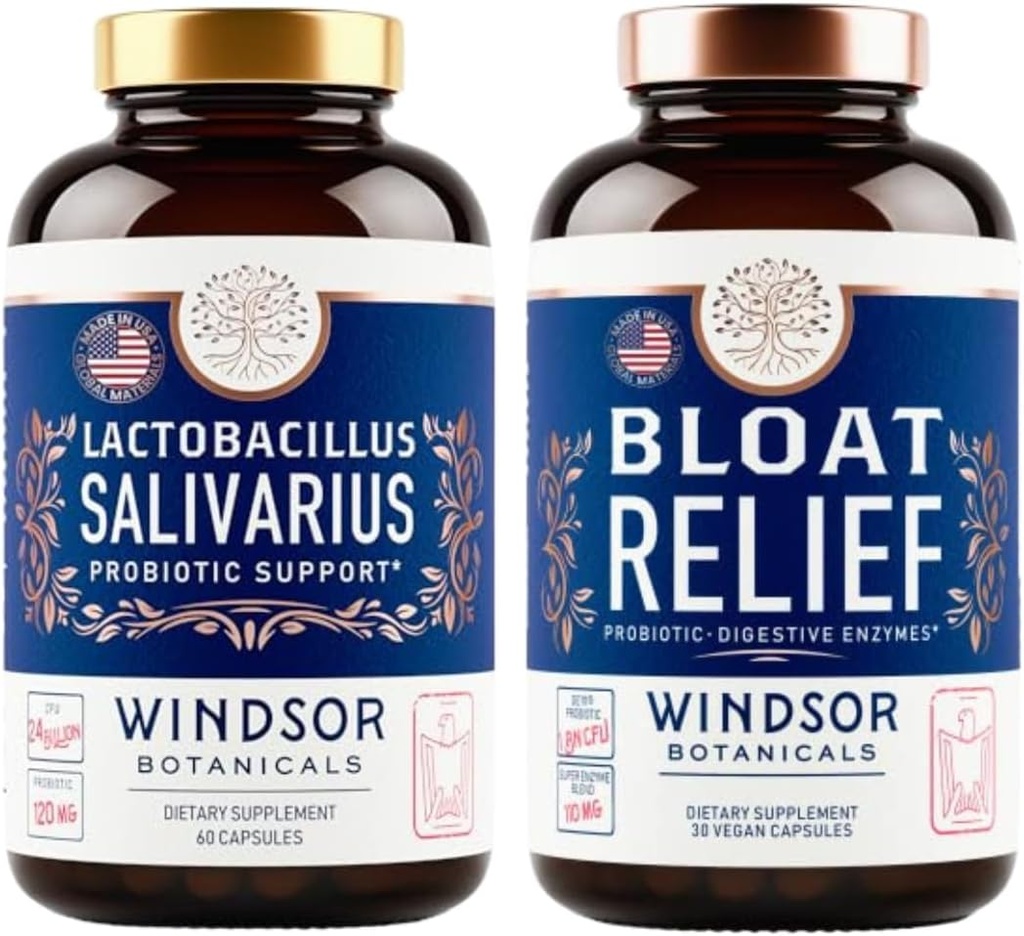 WINDSOR BOTANICALS Bloat Relief und Lactobacillus Salivarius Probiotic Capsules - Oral und IBS unterstützen Bundle