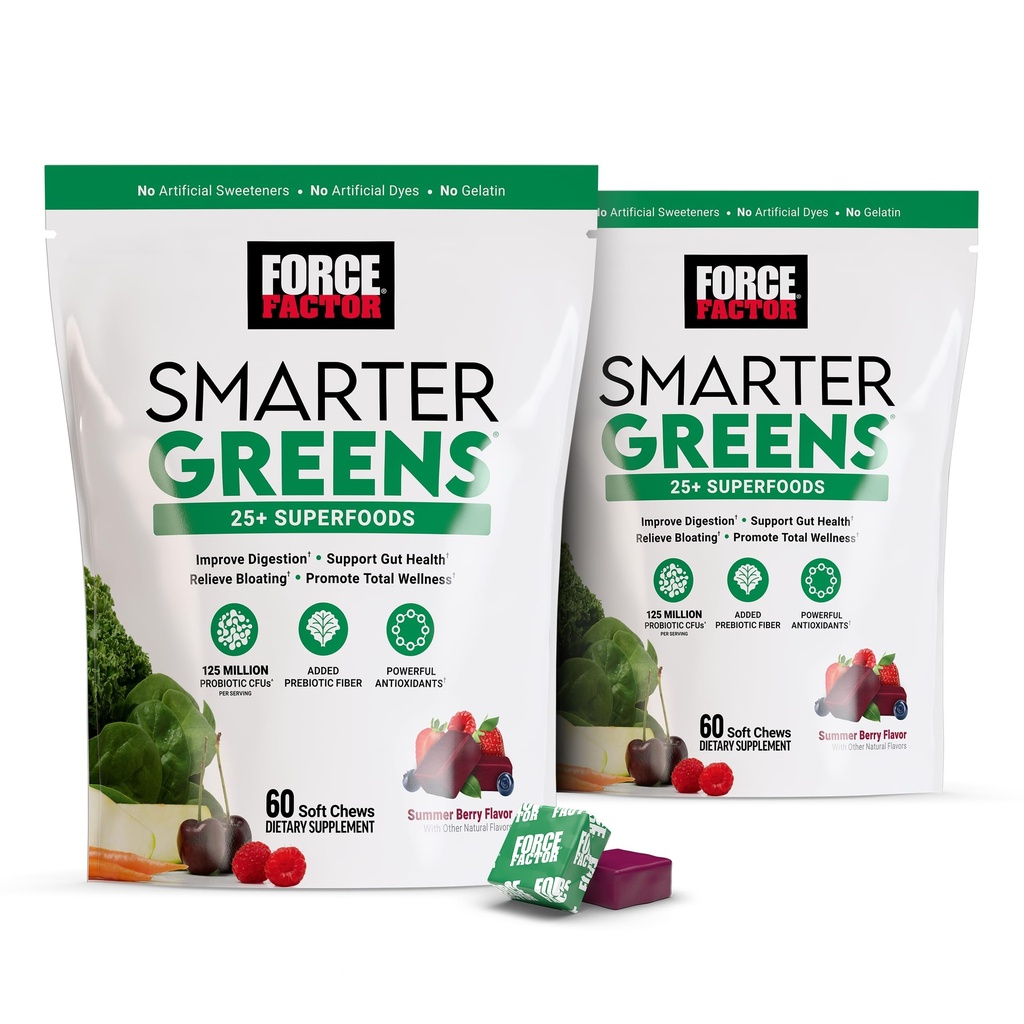 FORCE FACTOR Smarter Greens Superfood Chews, 2-Pack, Greens und Superfoods mit Probiotika, Antioxidantien und Fiber, Greens Supplement zur Unterstützung von Verdauung, Nitric Oxide und Energie, 120 Soft Chews
