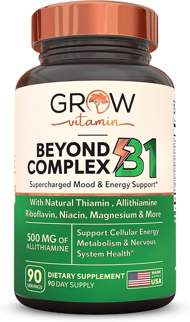 croissance de la vitamine au-delà du complexe B1 - supplément de vitamine B1 naturelle à l'allithiamine avec les vitamines B essentielles, la thiamine, la niacine, la biotine, le magnésium et plus - soutient l'énergie, l'humeur et le système nerveux - 90 capsules