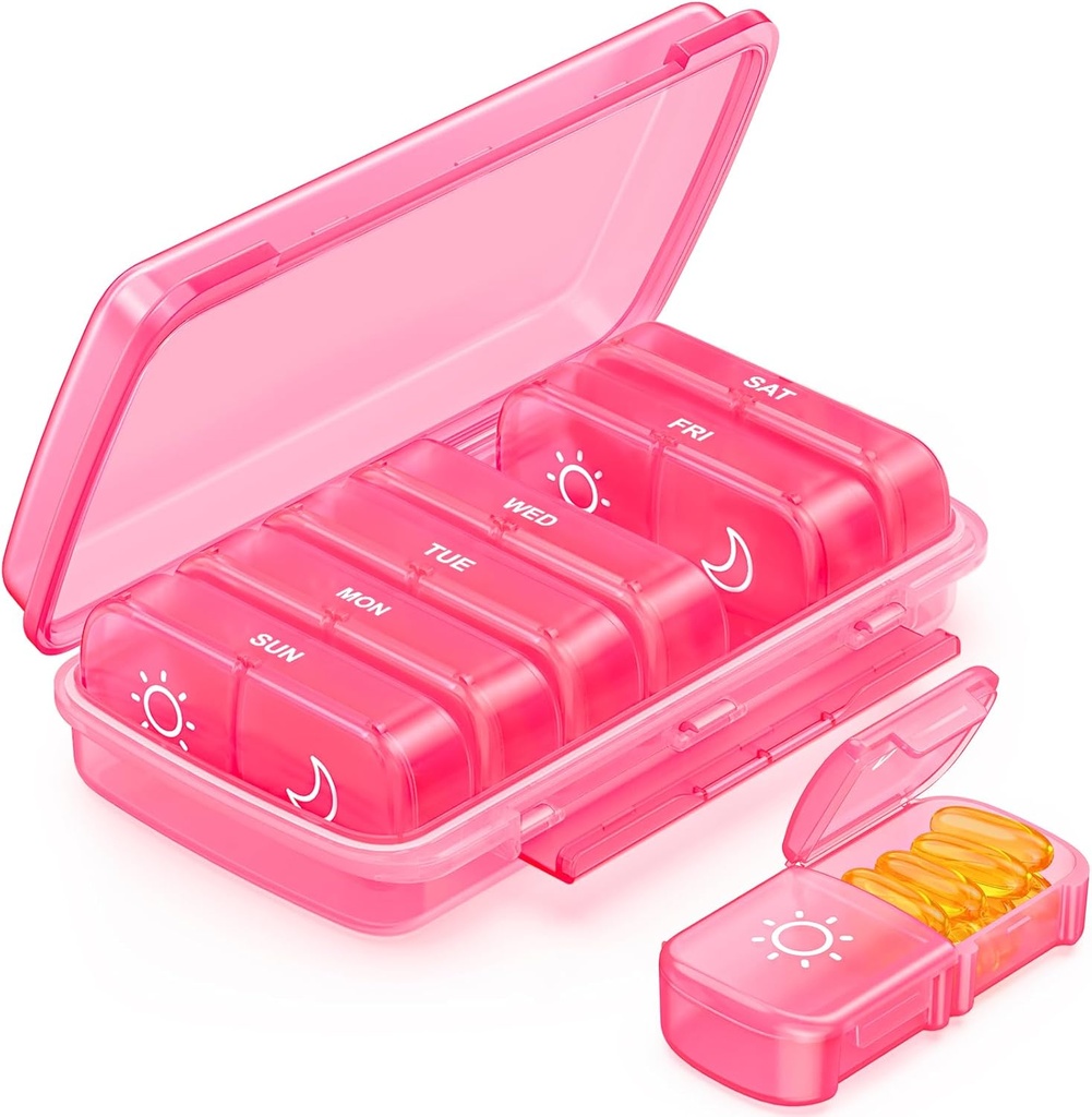 Organizzatore di pillole settimanali 2 volte al giorno con disegno resistente all'umidità, rosa AM PM Pill Box 7 giorno per il riempimento facile, custodia portatile per il viaggio, Large Pill Holder per la vitamina, olio di pesce, supplemento