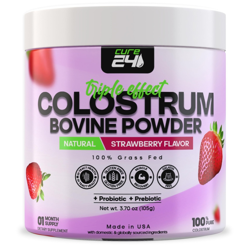 Bovine Colostrum X3 Supplemento polvere per gli esseri umani, 100% puro erba naturale Superfood, Alta IgG, Plus Probiotici & Prebiotici, Natural Strawberry Flavor, Made in USA