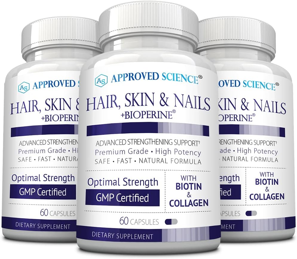 Genehmigte Wissenschaft Haare, Haut und Nägel - Unterstützungsergänzung - Biotin, Collagen, Vitamin B Complex, Silica, BioPerine - 180 Kapseln - 3 Monate Versorgung