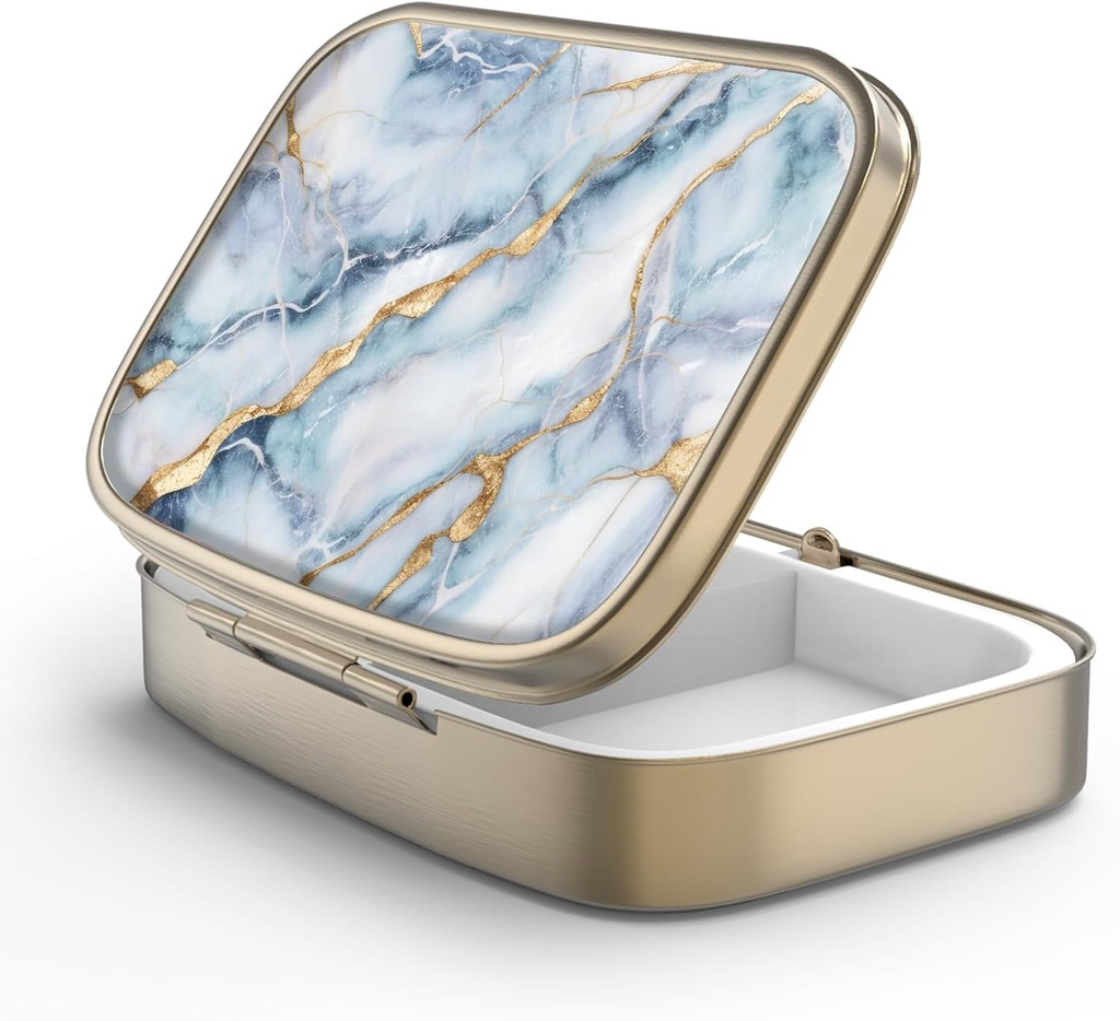 Pill Case Pill Box with Mirror Retro 2 Compartment Small Pill Case for Purse or Pocket Bronze Rectangular Pill Box or Vitamins, Fish Oil, Supplements, Pill Containe Travel Gifts（White Blue Marble）