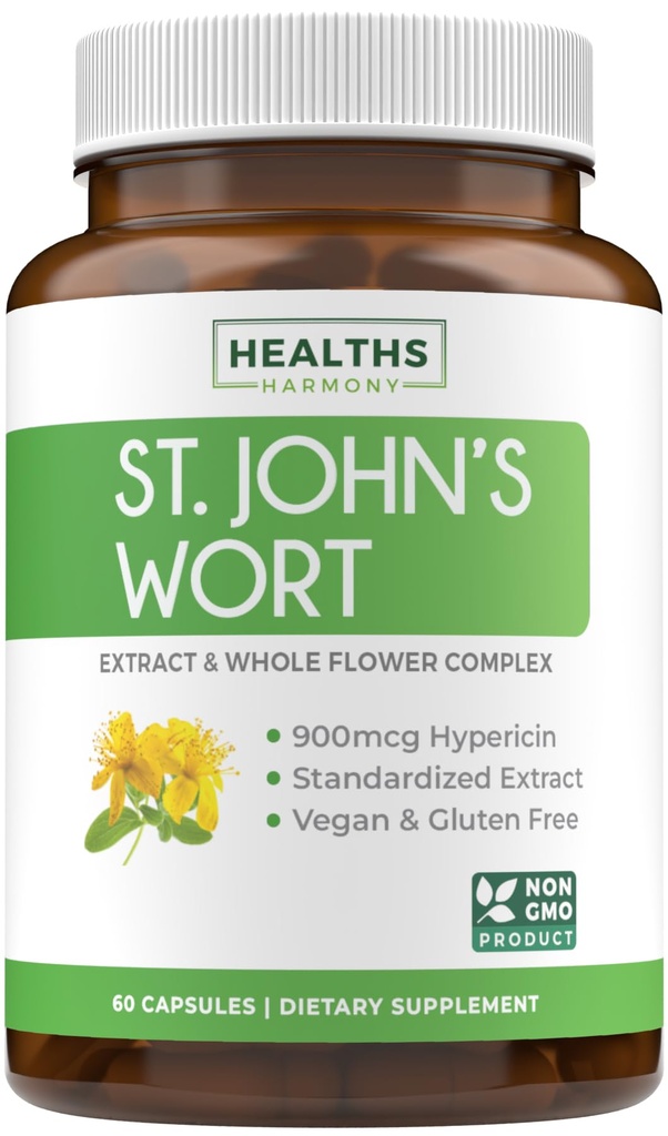 St John's Wort Capsules - Powerful & Potent Saint John's Wort Extract & Whole Herb Complex Standardisé à 900mcg Hypericine pour équilibrer le soutien quotidien de l'humeur - Vegan Non-OGM & Lab Vérifié (60 capsules)