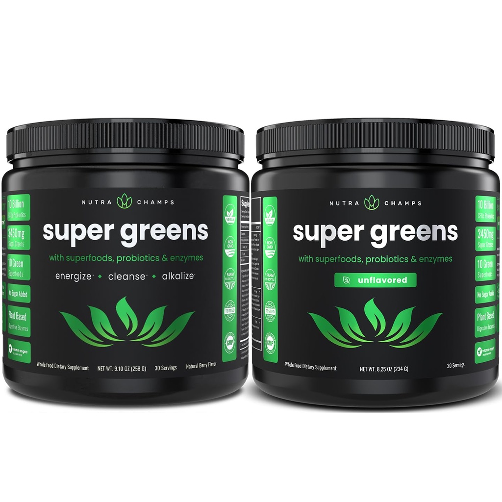 NutraChamps Super Greens Berry & Super Greens Unflavored Bundle - 2 mesi di fornitura