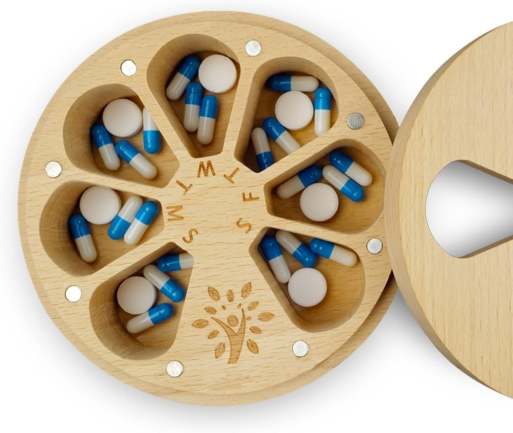 Wood Weekly Pill Organizer for Medicine Vitamine, Arthritis Friendly 7-Day Pill Box Support de compartiments moyens, étui de voyage quotidien avec sac de velours