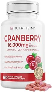 Cranberry Extract Pills Supplement 25% Proanthocyanidine mit Vitamin C - Urinary Tract, Haut, Immununterstützung - 180 Veggie Kapseln - Non-GMO, Gluten-Free, Vegan Friendly