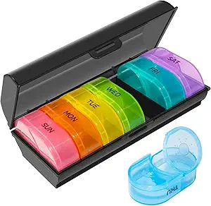 XL Weekly Pill Organizer 2 fois par jour, Pill Box 7 jour avec une grande ouverture unique pour le remplissage facile, protection de la vie privée noir AM PM Pill Case pour les vitamines/huiles de poisson / suppléments