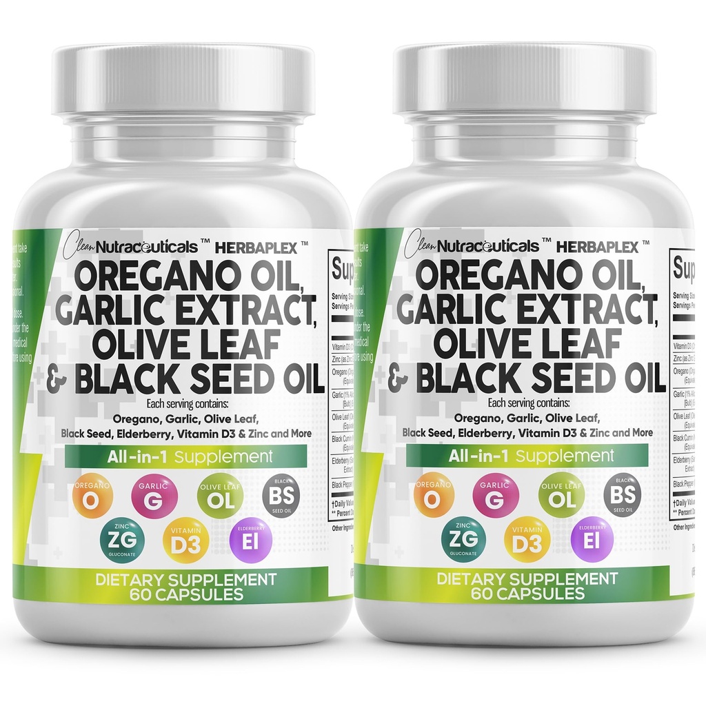 Clean Nutraceuticals Olio di origano Estratto di aglio di oliva Leaf Olio di semi neri - Supporto immunitario & Integratore di salute digestivo per le donne e gli uomini con vitamina D3 & Zinc - 2Pack