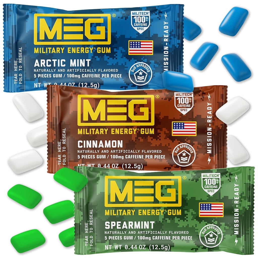 MEG Gum - Military Energy Gum | 100mg Koffein pro Stück - 15 Stück Sample Pack - Energie und Fokus zu erhöhen Performace