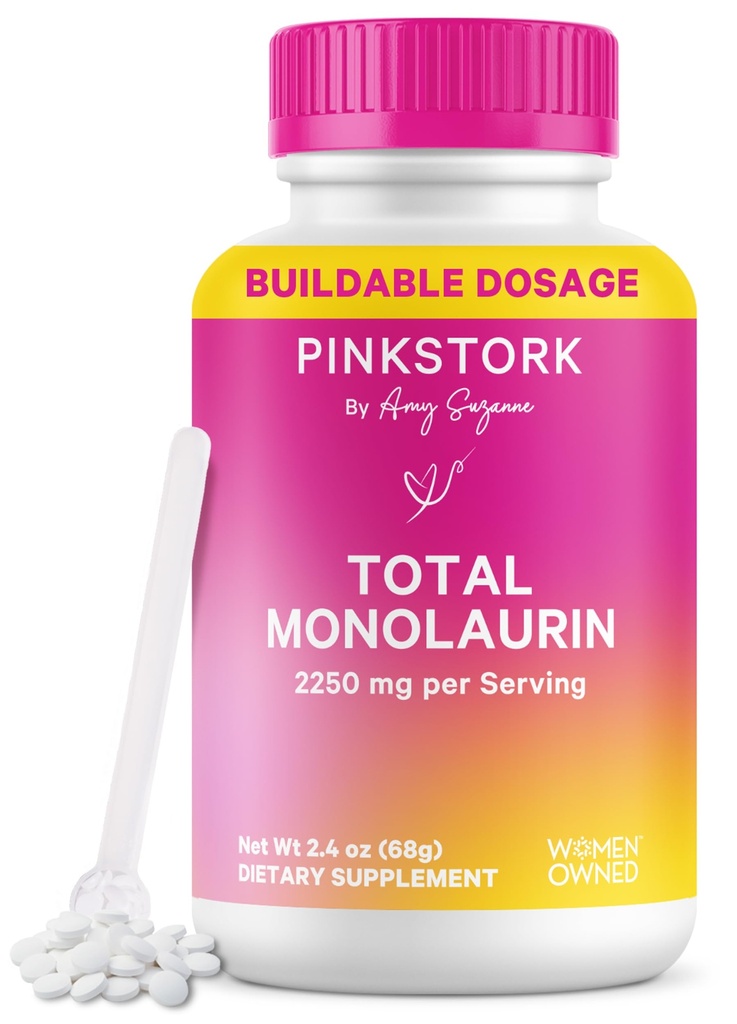 Pink Stork Monolaurin Pellets – Vegan Lauric Acid Immune & Gut Support pour les femmes – Équilibre microbien, bien-être digestif – Supplément Monolaurin sans odeur, scoopable – 226g – 75 portions