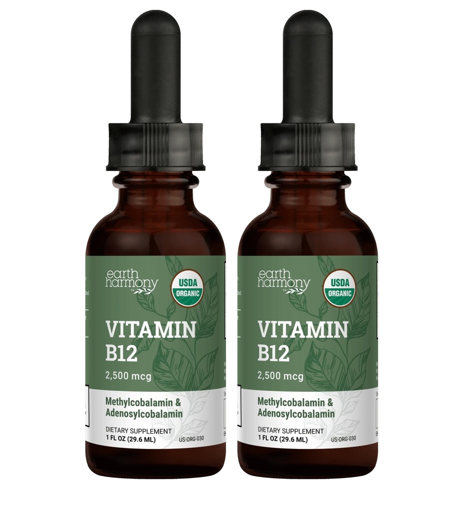 USDA Organic Vitamin B12 2000mcg Sublingual Liquid Supplement (2-Pack) - Vegan Methylcobalamin Tropfen für natürliche Energie, Stoffwechsel und Immunsystem Unterstützung - 1 Fl Oz